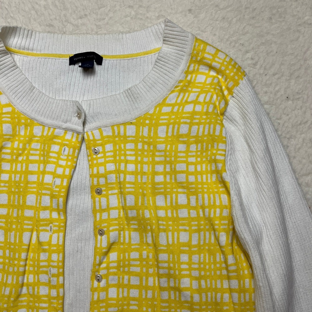 Tommy Hilfiger Cardigan Womens‎ L White Yellow Plaid Button Front  Sweater